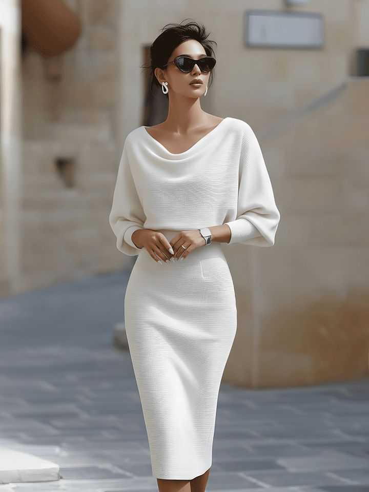 Damska Sukienka Midi Bodycon | Okrągły Dekolt Luźny Rękaw
