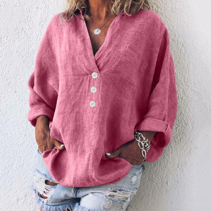 Damska Lniana Bluzka Oversized | Dekolt V Podwijane Rękawy