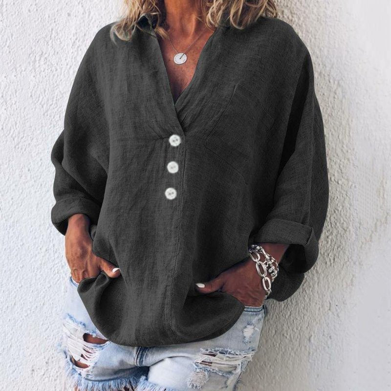 Damska Lniana Bluzka Oversized | Dekolt V Podwijane Rękawy