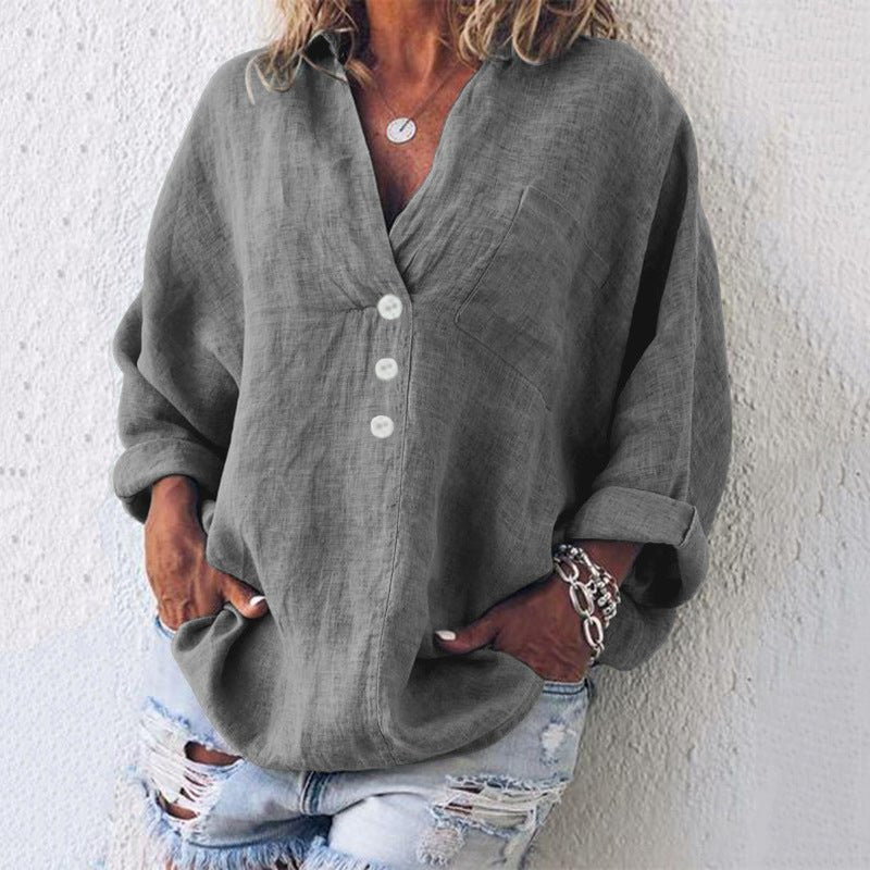Damska Lniana Bluzka Oversized | Dekolt V Podwijane Rękawy
