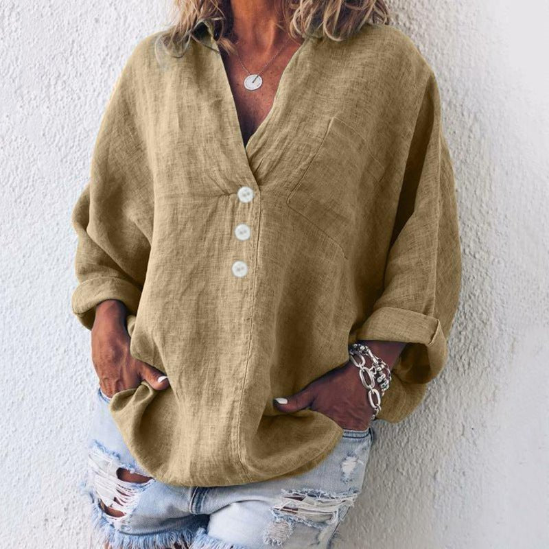 Damska Lniana Bluzka Oversized | Dekolt V Podwijane Rękawy
