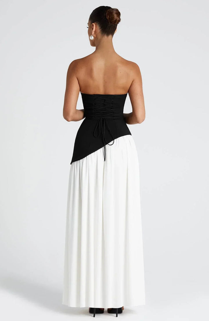 Sukienka Maxi Bustier Z Gorsetem, Szarfą I Wysokim Rozcięciem