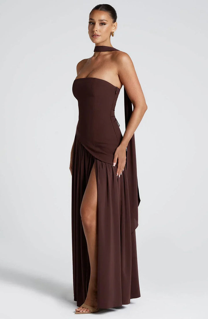 Sukienka Maxi Bustier Z Gorsetem, Szarfą I Wysokim Rozcięciem