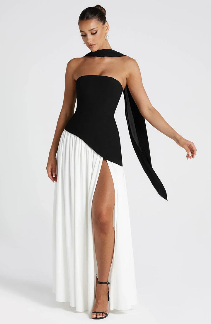 Sukienka Maxi Bustier Z Gorsetem, Szarfą I Wysokim Rozcięciem