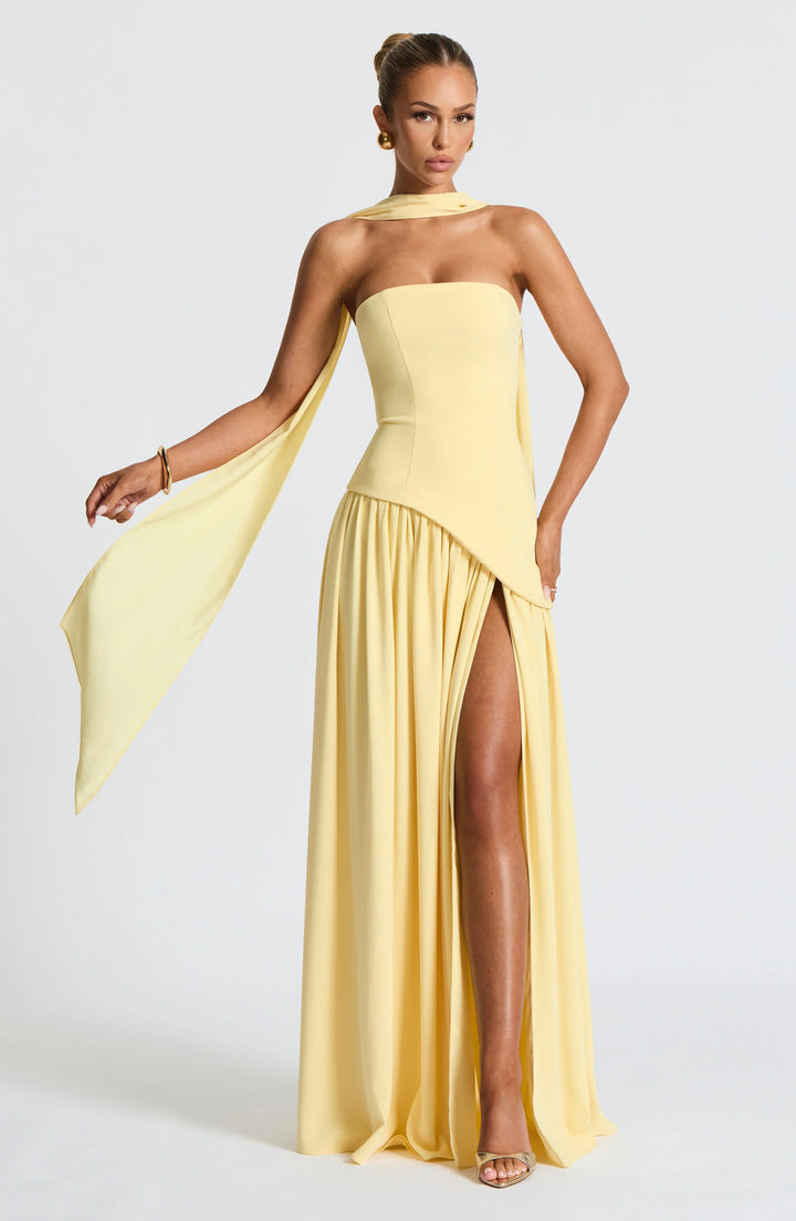 Sukienka Maxi Bustier Z Gorsetem, Szarfą I Wysokim Rozcięciem