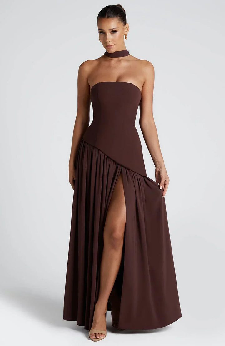 Sukienka Maxi Bustier Z Gorsetem, Szarfą I Wysokim Rozcięciem