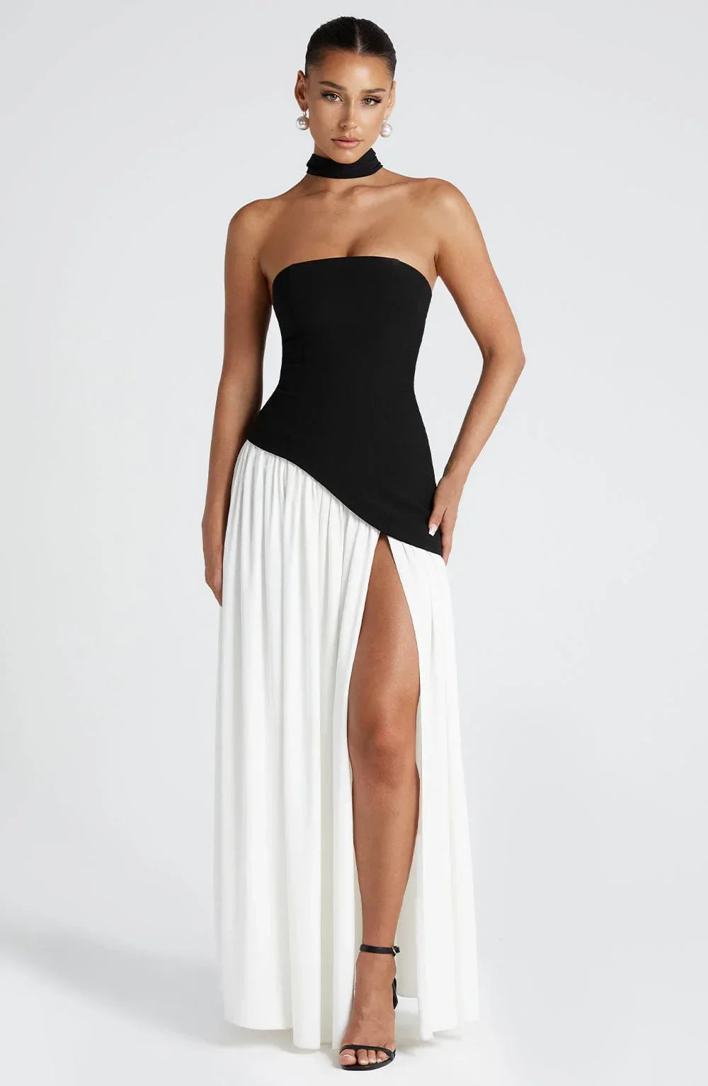 Sukienka Maxi Bustier Z Gorsetem, Szarfą I Wysokim Rozcięciem