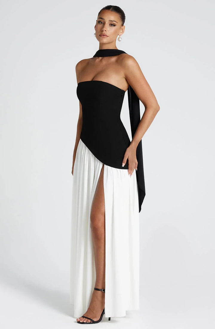 Sukienka Maxi Bustier Z Gorsetem, Szarfą I Wysokim Rozcięciem