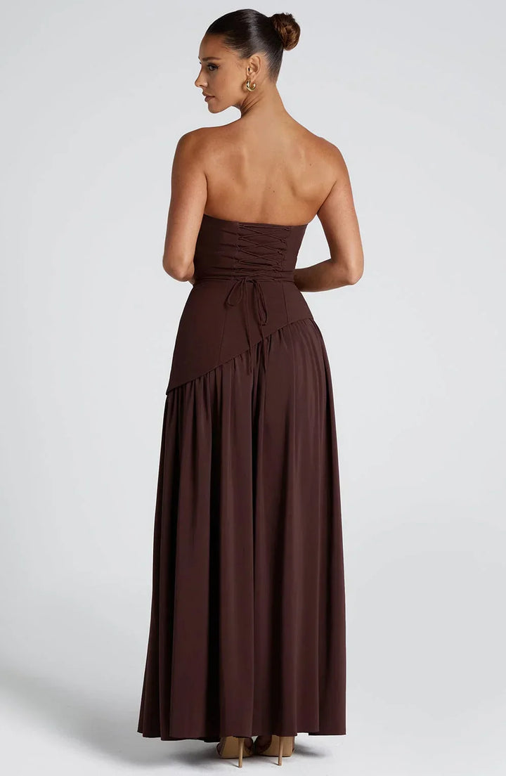 Sukienka Maxi Bustier Z Gorsetem, Szarfą I Wysokim Rozcięciem