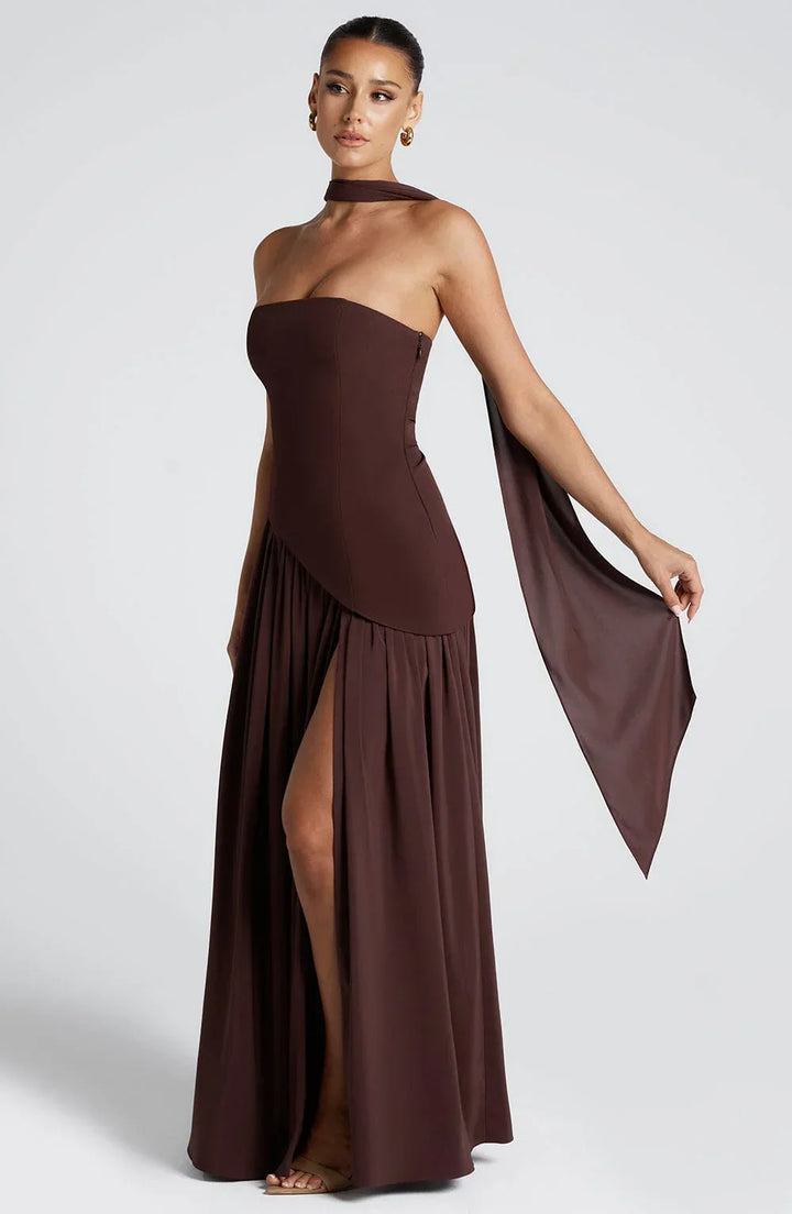 Sukienka Maxi Bustier Z Gorsetem, Szarfą I Wysokim Rozcięciem