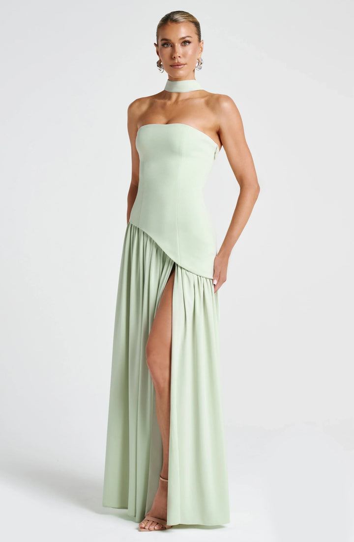 Sukienka Maxi Bustier Z Gorsetem, Szarfą I Wysokim Rozcięciem