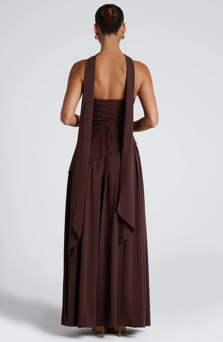 Sukienka Maxi Bustier Z Gorsetem, Szarfą I Wysokim Rozcięciem