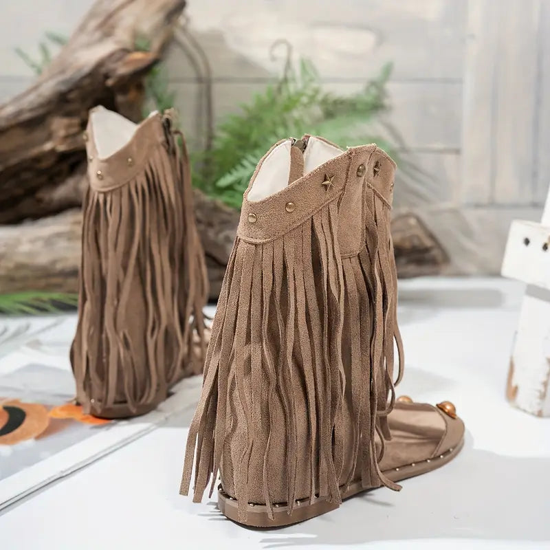 Sandały damskie z frędzlami | pasek wokół kostki styl boho